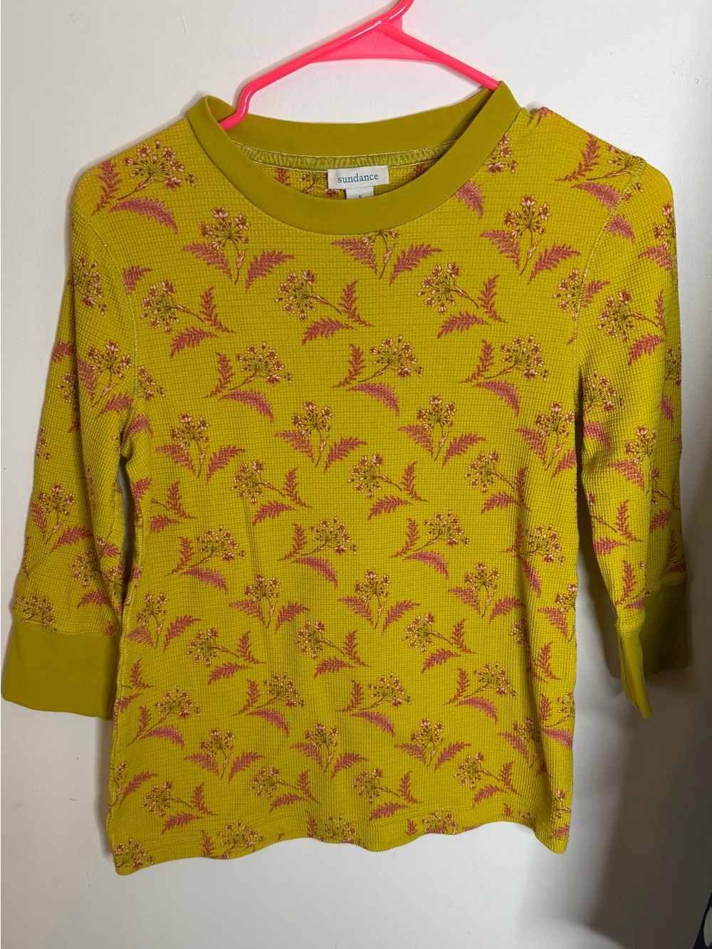 Sundance Yellow Floral Knit 3/4 sleeve waffle thermal top